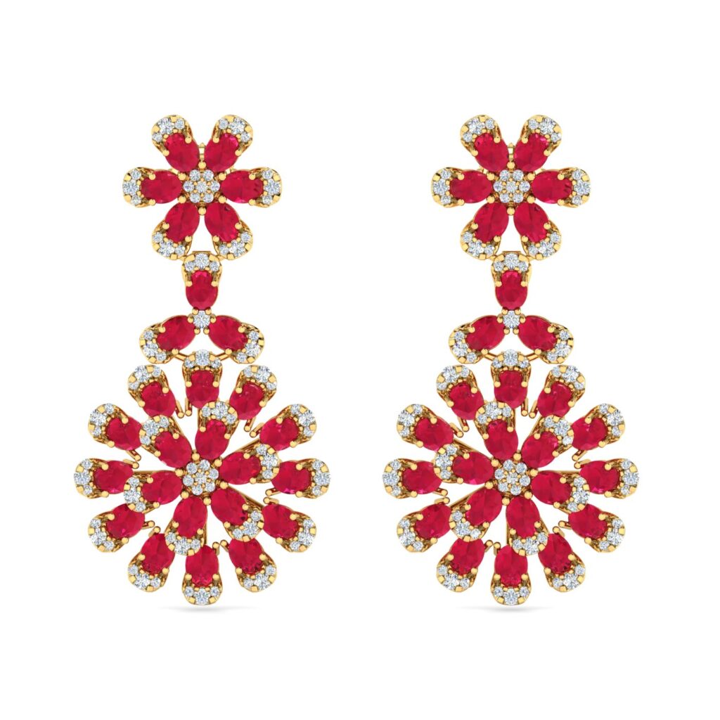 Oval Shape Ruby And Moissnaite Halo Dangle Wedding Earrings