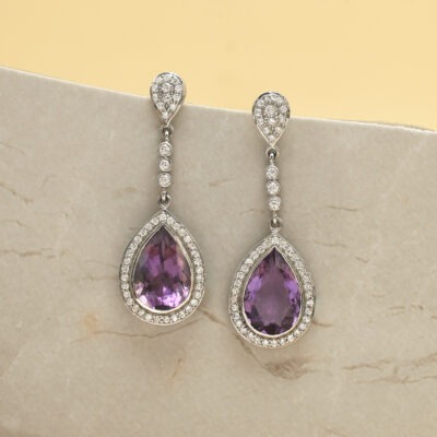 Pear Amethyst Drop Dangle Earrings with Diamond